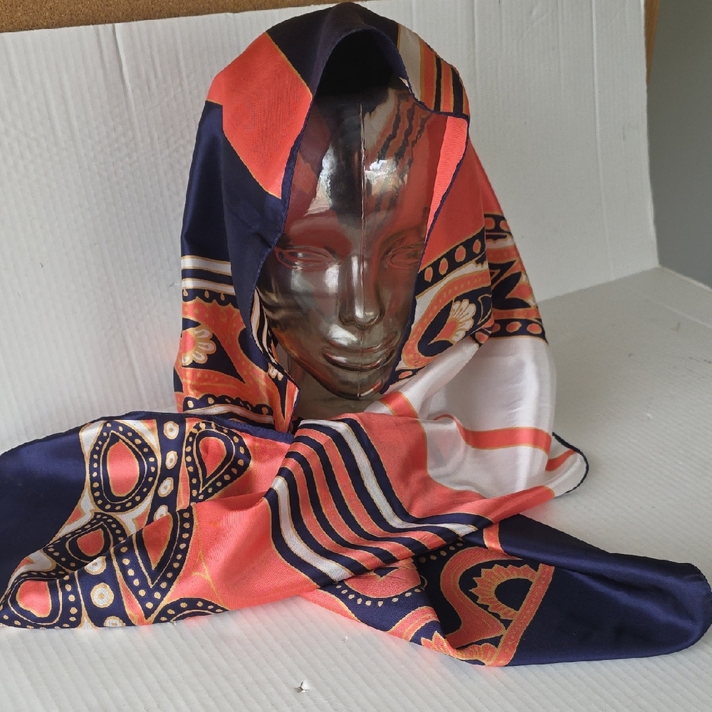 Jean Muratel Silk Oblong Scarf 15x59  Coral Navy Paisley Vintage Designer